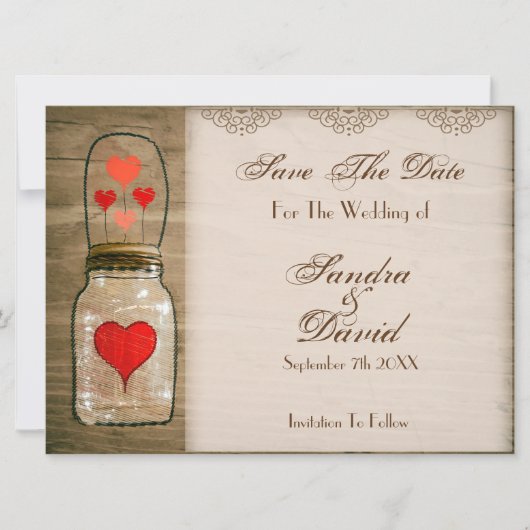 Rustic Mason Jar und Herz Save the Date (Vorderseite)
