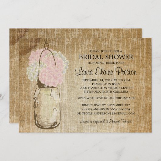 Rustic Mason Jar und Hydrangeas Einladung (Vorne/Hinten)