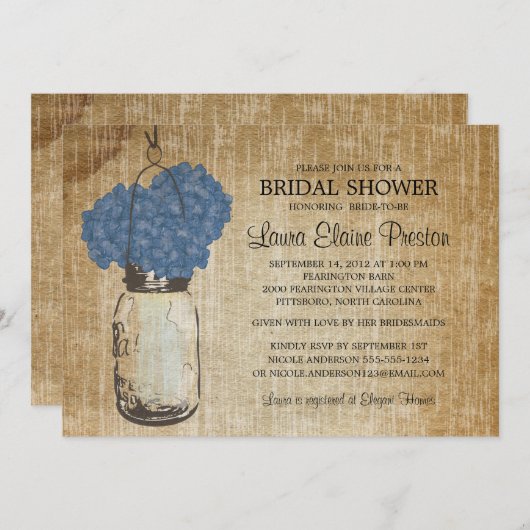 Rustic Mason Jar und Hydrangeas Einladung (Vorne/Hinten)