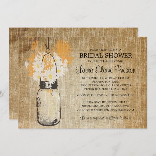 Rustic Mason Jar und Wildblume Daisies Einladung (Vorne/Hinten)