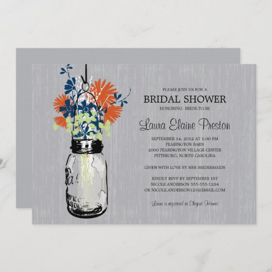 Rustic Mason Jar und Wildblumen Einladung (Vorne/Hinten)