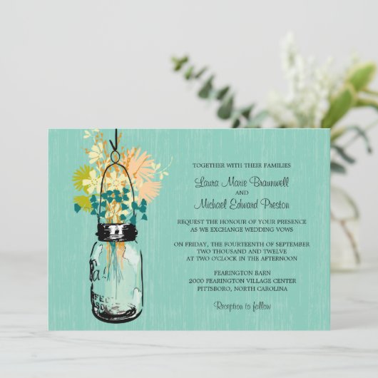 Rustic Mason Jar und Wildblumen Einladung (Stehend Vorderseite)