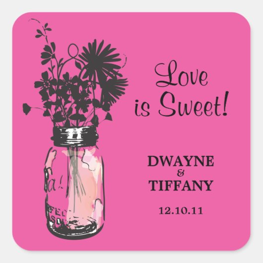 Rustic Mason Jar & Wildblumen Quadratischer Aufkleber (Vorderseite)