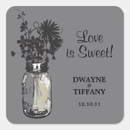 Rustic Mason Jar & Wildblumen Quadratischer Aufkleber (Vorderseite)