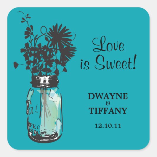 Rustic Mason Jar & Wildblumen Quadratischer Aufkleber (Vorderseite)