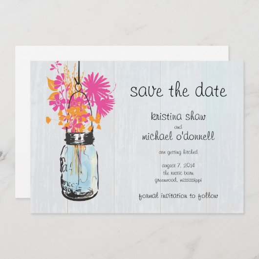 Rustic Mason Jar & Wildblumen Save the Date (Vorne/Hinten)