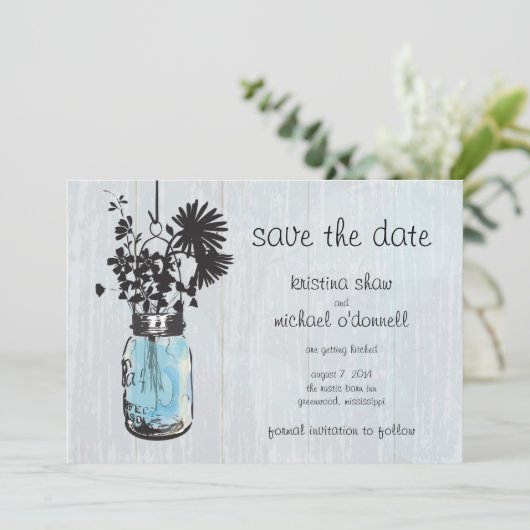 Rustic Mason Jar & Wildblumen Save the Date (Stehend Vorderseite)