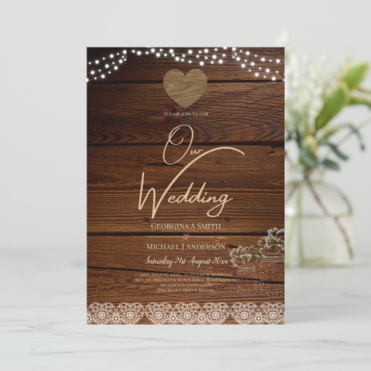 Rustic Mason Jars Lights Lace Gypsophilia WEDDING Einladung (Stehend Vorderseite)