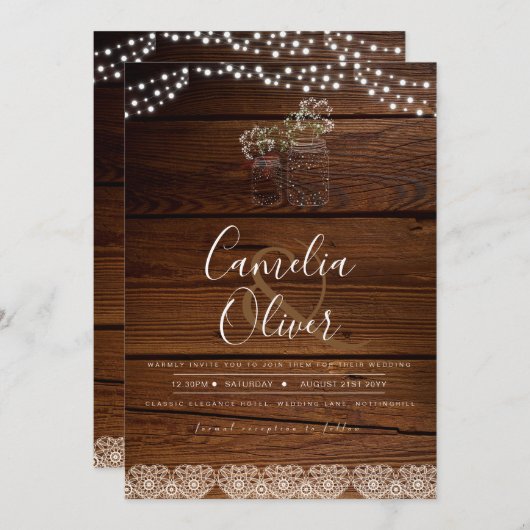 Rustic Mason Jars Lights Lace Gypsophilia WEDDING Einladung (Vorne/Hinten)