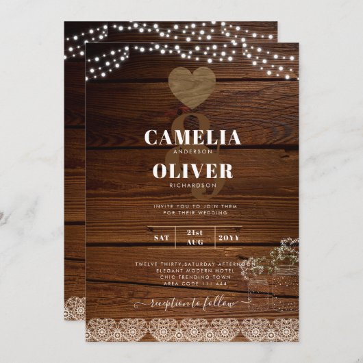 Rustic Mason Jars Lights Lace Gypsophilia WEDDING Einladung (Vorne/Hinten)