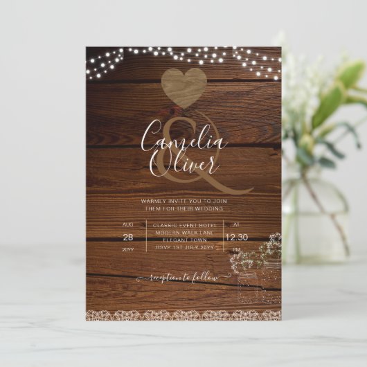 Rustic Mason Jars Lights Lace Gypsophilia WEDDING Einladung (Stehend Vorderseite)