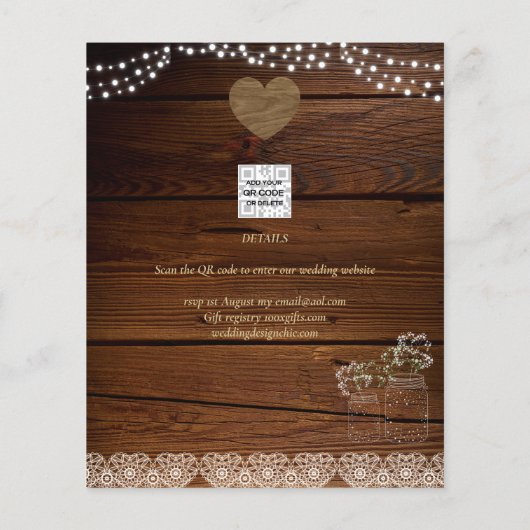 Rustic Mason Jars Lights Lace Gypsophilia WEDDING Flyer (Hinten)