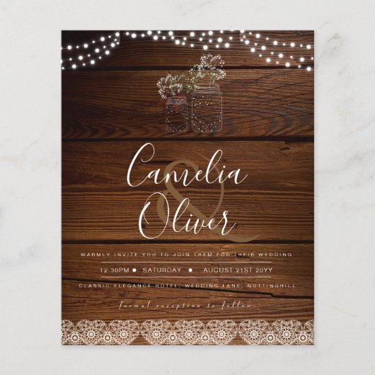 Rustic Mason Jars Lights Lace Gypsophilia WEDDING Flyer (Vorne)