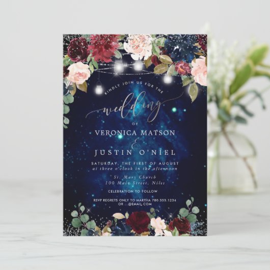 Rustic Mason Jars Midnight Sky Burgundy Blume Einladung (Stehend Vorderseite)