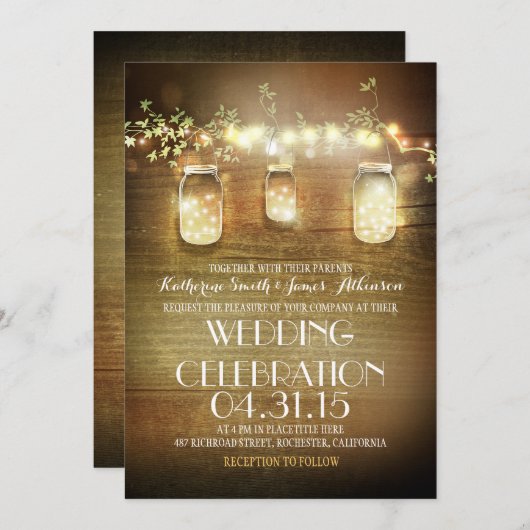 Rustic Mason Jars String Lights Elegante Hochzeit Einladung (Vorne/Hinten)