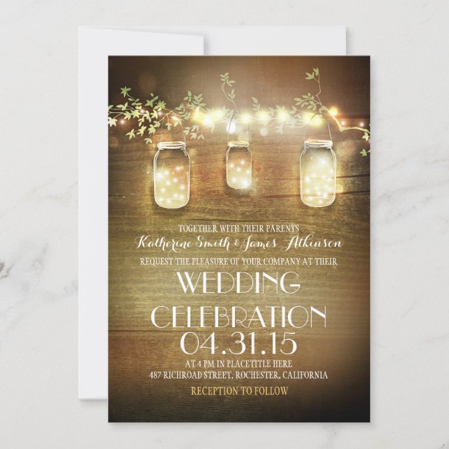 Rustic Mason Jars String Lights Elegante Hochzeit Einladung (Vorderseite)