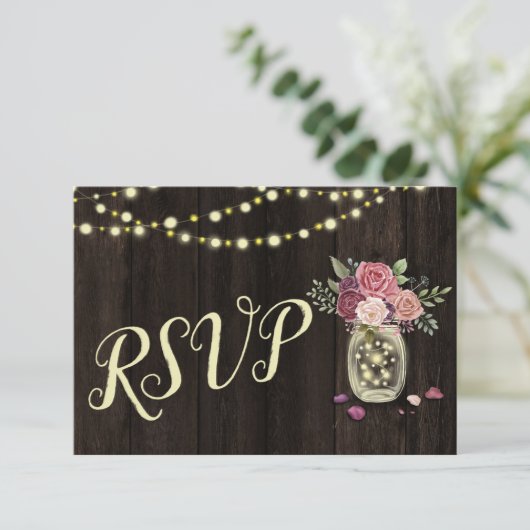 Rustic Mason Jars String Lights Floral Dark Wood RSVP Karte (Stehend Vorderseite)