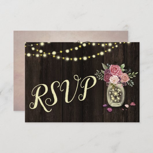 Rustic Mason Jars String Lights Floral Dark Wood RSVP Karte (Vorne/Hinten)