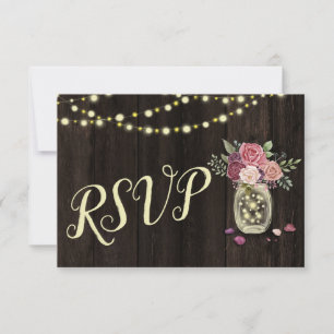 Rustic Mason Jars String Lights Floral Dark Wood RSVP Karte