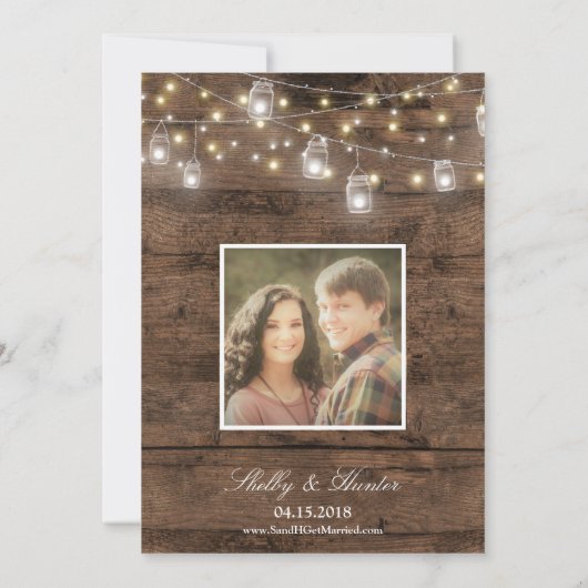 Rustic Mason Jars String Lights Foto Wedding Einladung (Rückseite)