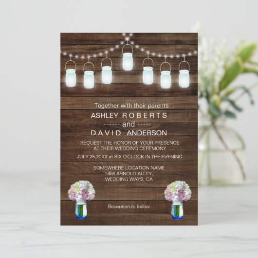 Rustic Mason Jars String Lights Simple Wedding Einladung (Stehend Vorderseite)