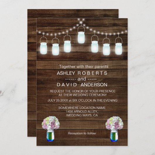 Rustic Mason Jars String Lights Simple Wedding Einladung (Vorne/Hinten)