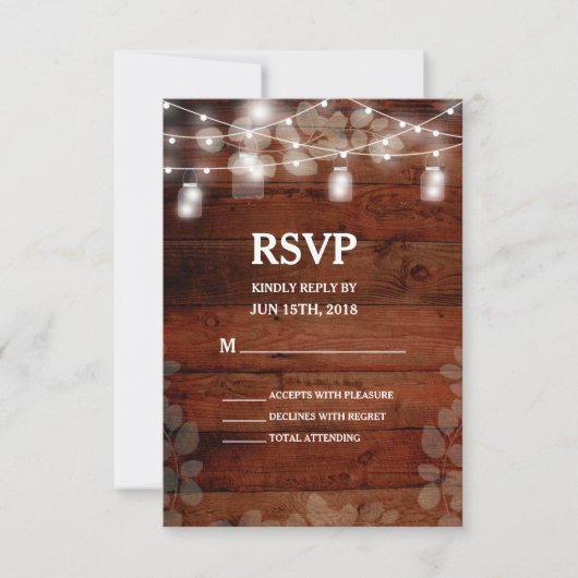 Rustic Mason Jars String Lights Wedding RSVP Card Karte (Vorderseite)