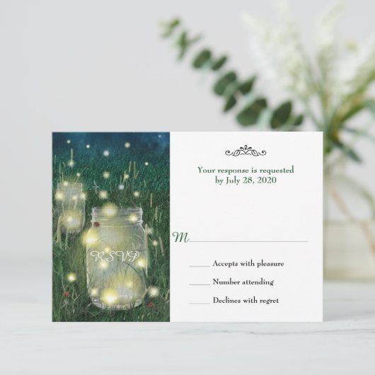 Rustic Meadow Summer Night Mason Jar Firefly UAWG RSVP Karte (Stehend Vorderseite)
