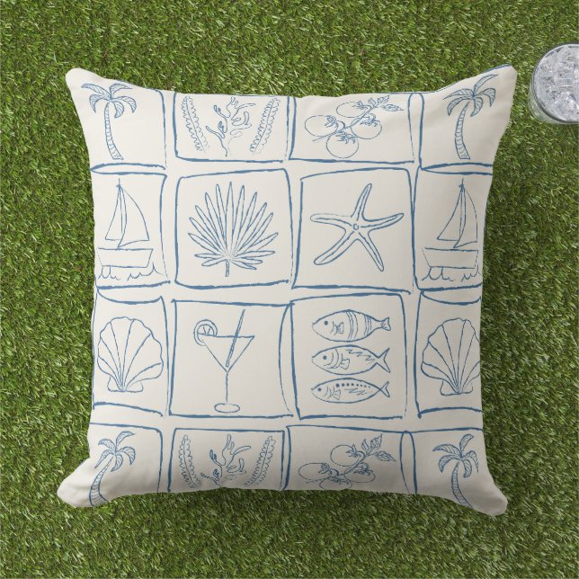 Rustic Mediterranean Coastal Tile Linen Cobalt Kissen (Gras)