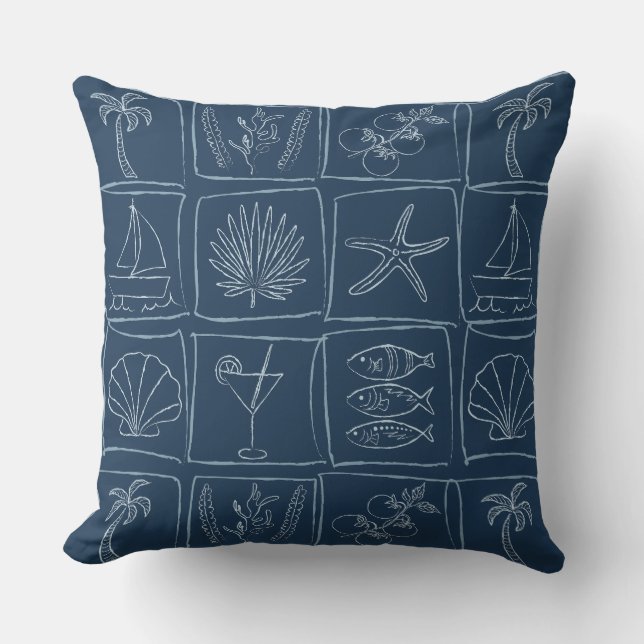 Rustic Mediterranean Coastal Tile Nautical Navy Kissen (Vorderseite)