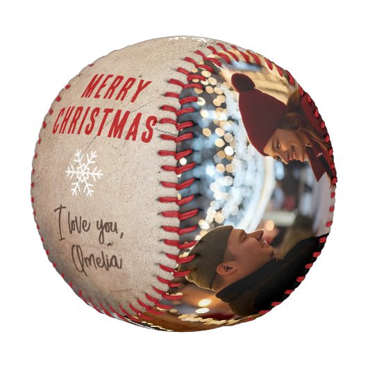 Rustic Merry Christmas 2 Photo Collage Keepsake Baseball (Schrägansicht)