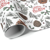 Rustic Merry Christmas Pinecones & Holly Berries Geschenkpapier (Rolleneckpunkt)