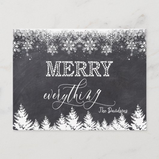 "Rustic Merry Everything Chalkboard Typografie Ankündigungspostkarte (Vorderseite)