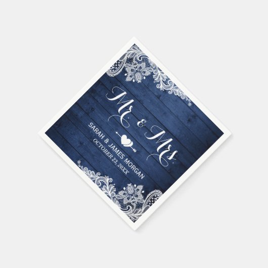 Rustic Midnight Blue Lace Mr. and Mrs Wedding Serviette (Ecke)