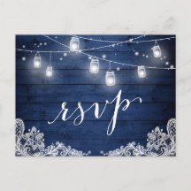 Rustic Midnight Blue Mason Jar Lights Wedding RSVP