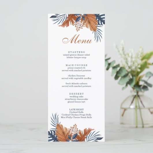 Rustic Midnight Blue Monstera Menü Card Menükarte (Stehend Vorderseite)