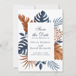 Rustic Midnight Blue Monstera Save the Date Card