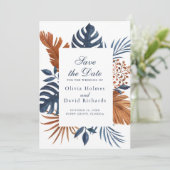Rustic Midnight Blue Monstera Save the Date Card (Stehend Vorderseite)