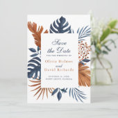 Rustic Midnight Blue Monstera Save the Date Card (Stehend Vorderseite)