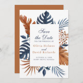 Rustic Midnight Blue Monstera Save the Date Card (Vorne/Hinten)