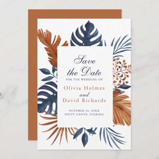 Rustic Midnight Blue Monstera Save the Date Card (Vorne/Hinten)
