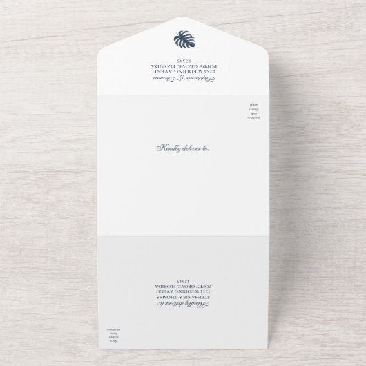 Rustic Midnight Blue Monstera Wedding All In One Einladung (Außenbereich)