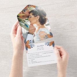 Rustic Midnight Blue Monstera Wedding All In One Einladung