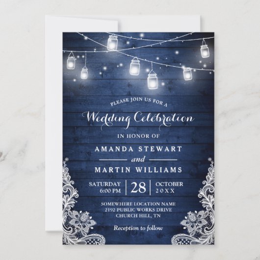 Rustic Midnight Blue String Lights Lace Wedding Einladung (Vorderseite)
