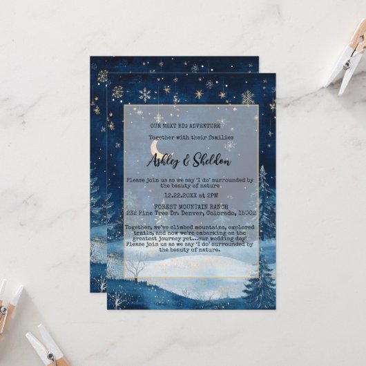 Rustic Midnight Blue Winter Forest Starry Wedding Einladung (Vorderseite/Rückseite Beispiel)