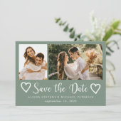 Rustic modern 2 photo sage green wedding save the date (Stehend Vorderseite)