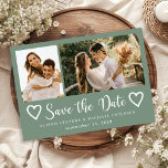 Rustic modern 2 photo sage green wedding  save the date<br><div class="desc">Modern handwritten script doodle hearts rustic sage green save the date wedding with 2 engagement photos.                Suitable for spring summer autumn fall or winter weddings.</div>