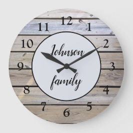 Rustic Modern Elegant Wood Family Name Große Wanduhr