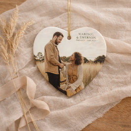 Rustic Modern Engagement Photo Heart Keepsake  Keramik Ornament