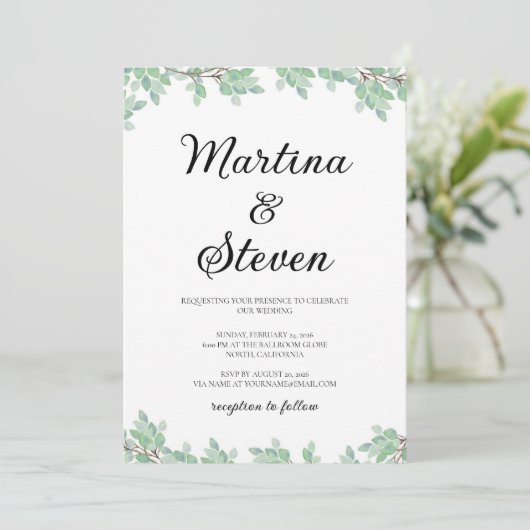 Rustic Modern Eucalyptus Greenery Wedding Einladung (Stehend Vorderseite)